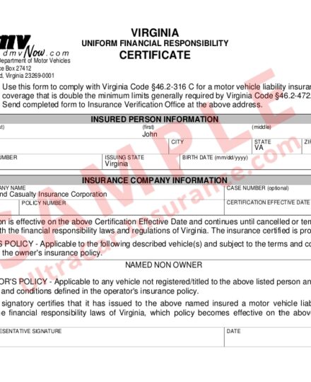 This is an example of a Virginia FR44 Certificate